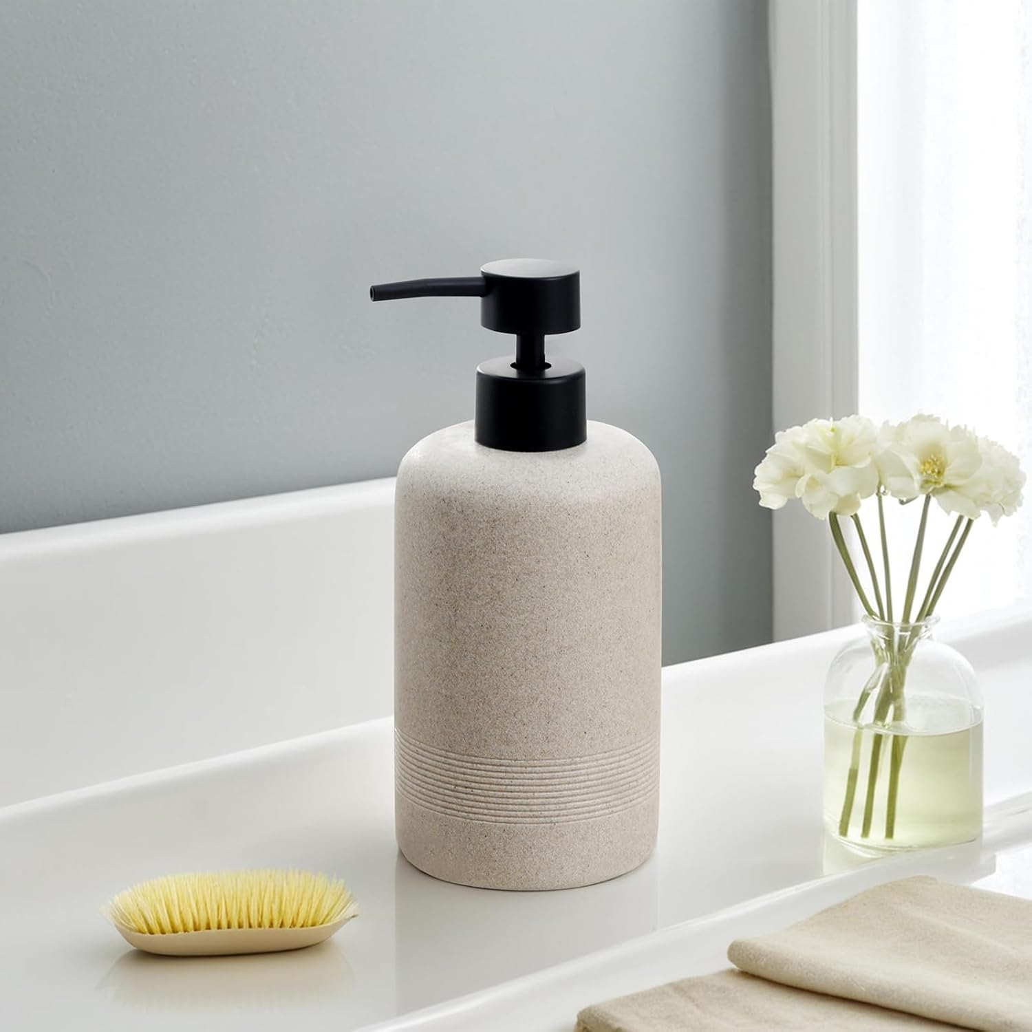 Condition photo showing New/Like New for soap dispensers,13.53 oz, 2 pcs,sandstone look beige empty bottles | simple,refillable hand dish lotion shampoo and conditioner dispenser, no leak pump,for bathroom countertop kitchen sink