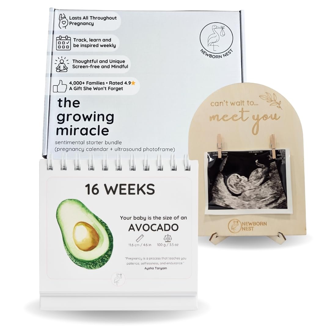 Newborn Nest The Growing Miracle Pregnancy Calendar Bundle with Wooden Ultrasound Photo Frame