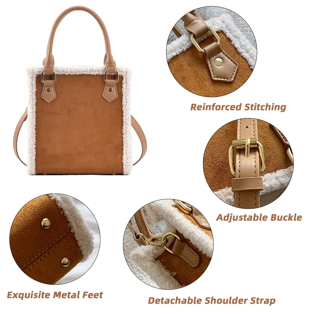 Mudono Bolsos de mano para mujer, bolso pequeño de gamuza, bolso cruzado cuadrado con ribete de piel de oveja sintética y correa desmontable, Marrón, Small