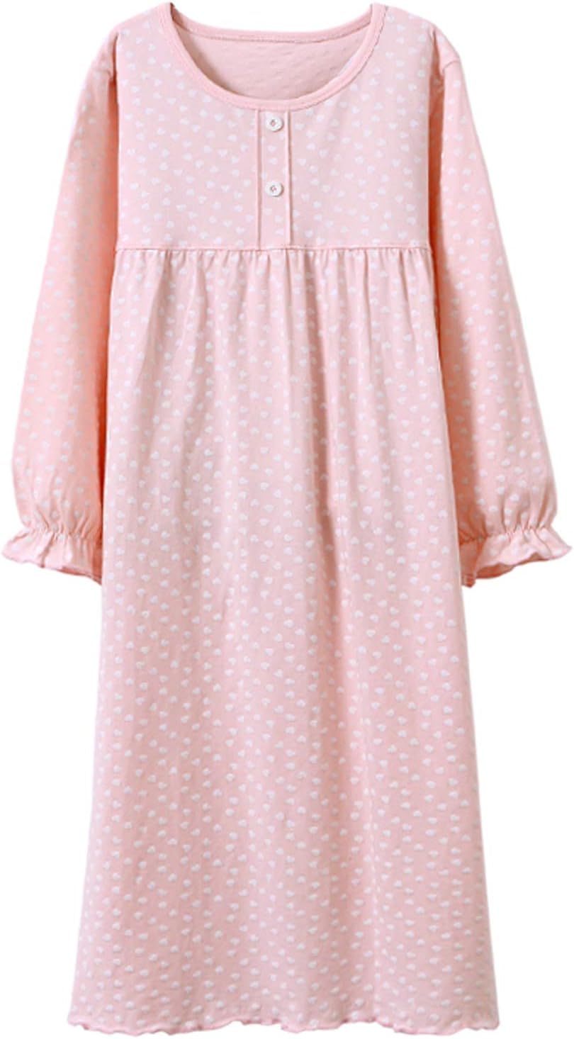 Girls' Princess Nighties Heart Print Nightgowns Long Sleeve Sleepwear for 3-12 Years