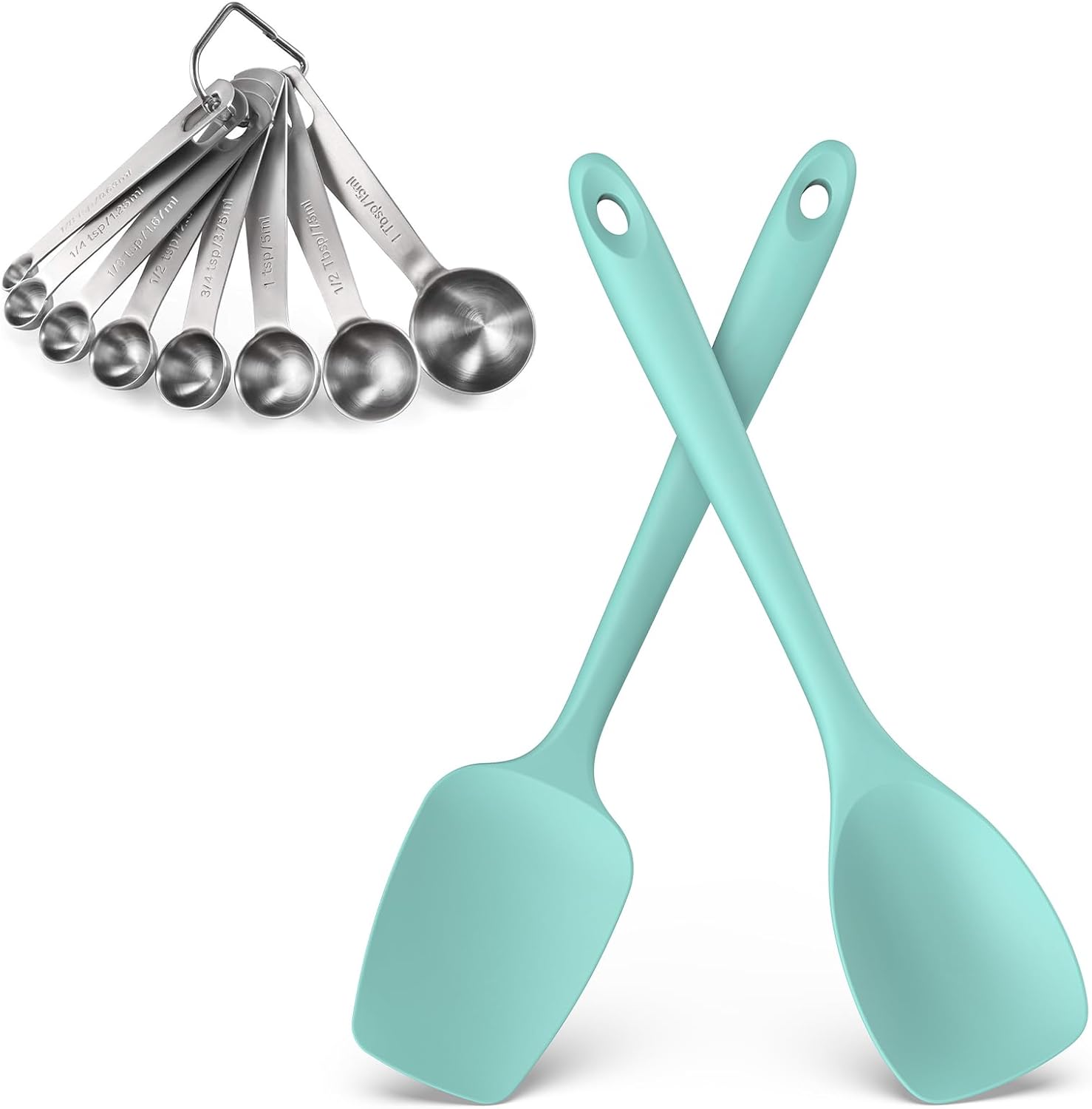 U-Taste 18/8 Stainless Steel Measuring Spoons Set of 8 and 600ºF Heat Resistat Silicone Flexible Baking Spoon Spatula & Cooking Scoop Spoonula (Aqua Sky)