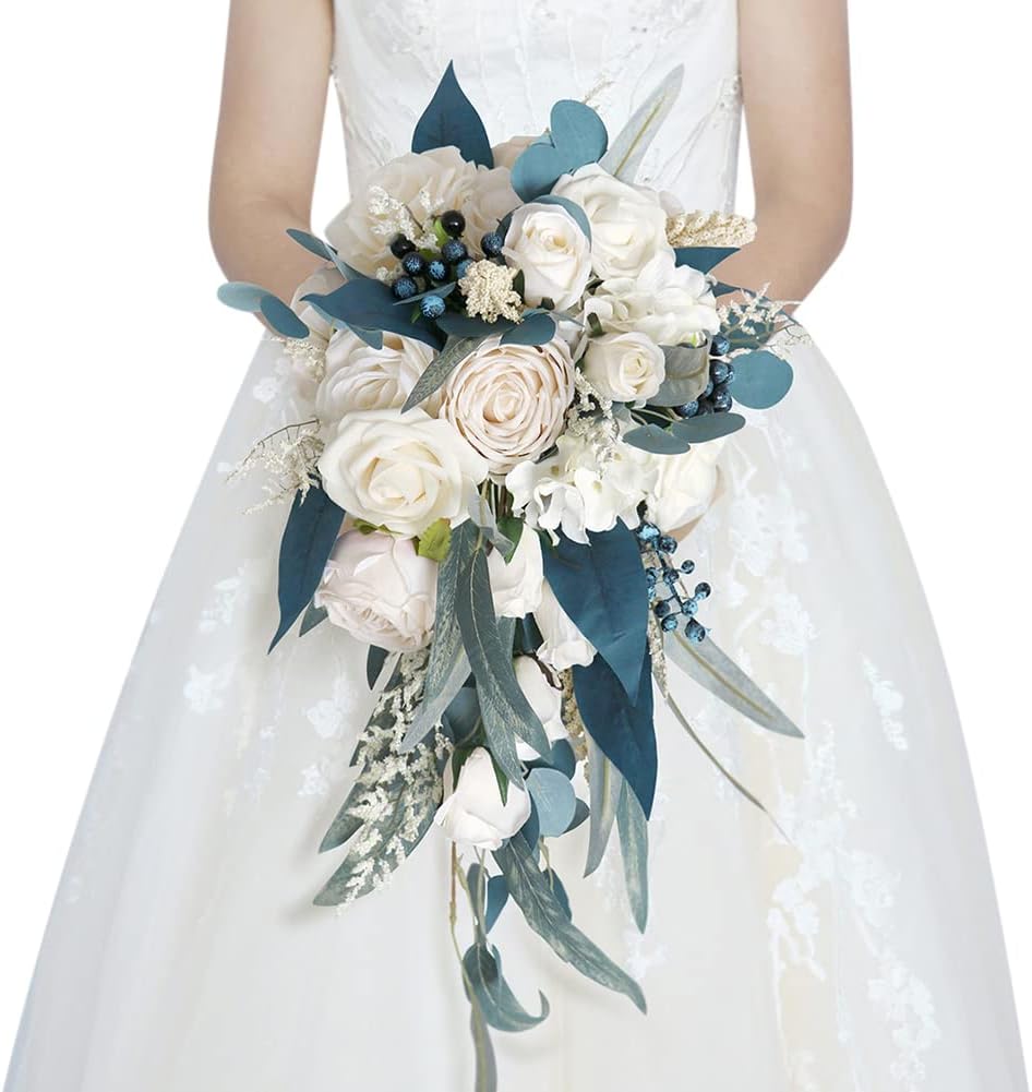Wedding Bouquets for Bride, 10 Inch Peacock Blue Champagne Rose Water Drops Artificial Toss Bouquet Wedding Outdoor Rustic Waterfall Cascading Bridal Bouquets for Wedding Ceremony and Anniversary