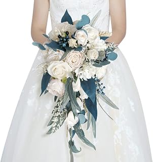 Wedding Bouquets for Bride, 10 Inch Peacock Blue Champagne Rose Water Drops Artificial Toss Bouquet Wedding Outdoor Rustic Waterfall Cascading Bridal Bouquets for Wedding Ceremony and Anniversary
