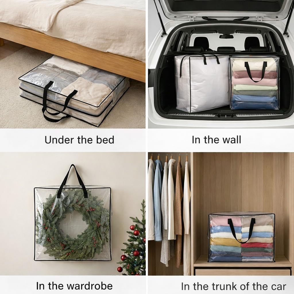 95L Clear Under Bed Storage Bag, Extra Large Blanket and Clothes Organizer with Handles, Foldable Bedding Storage for Comforters, Linens, Seasonal Items, 26 x 26 x 8.7 in, 1 Pack