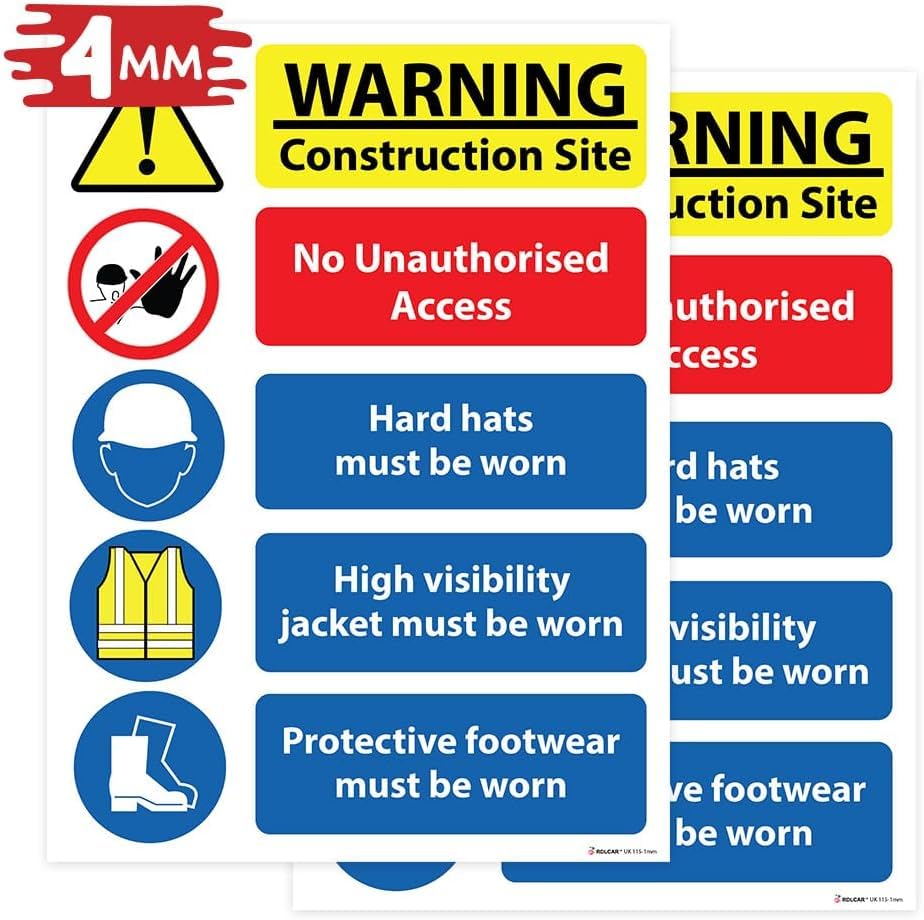 RDLCAR Site Safety Sign 4mm Rigid Pack of 2 Construction and Building Safety Sign 300mm x 400mm Multi Hazard Protective Safety Signs with High Visibility Colors