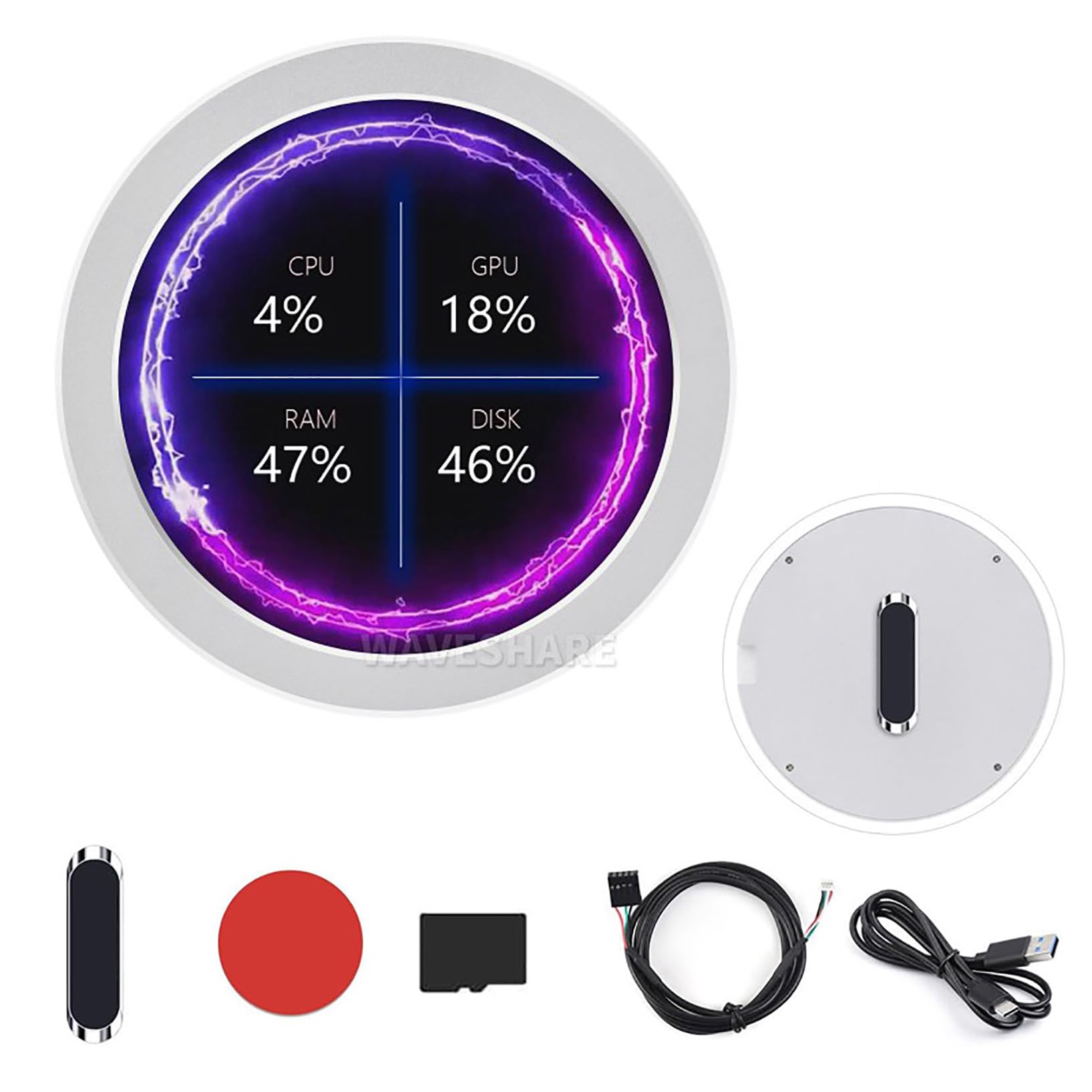 2.1 Inch USB Monitor AIO LCD Display CPU/GPU Cooler Screen 480×480 Round Display with Music Spectrum Analysis Function for Inside PC/Desktop RGB Ambient Screen USB-C Interface Black