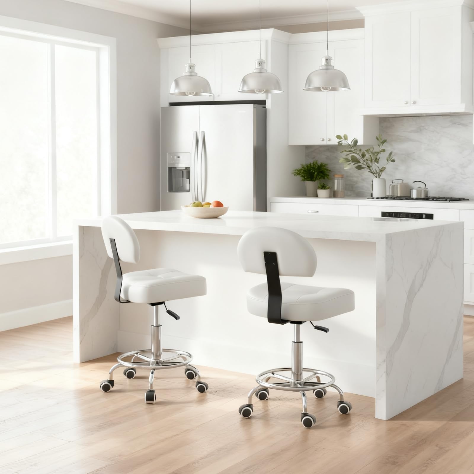 Taburete con ruedas con respaldo y cojín ancho y rectangular, altura regulable 51-64 cm, taburete giratorio con ruedas con marcha uniforme, ideal para salones, cosméticos (blanco)
