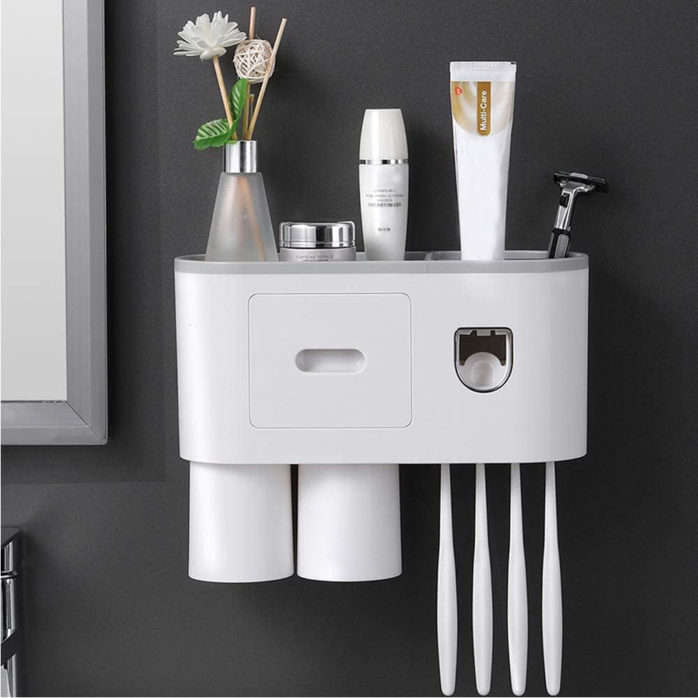 Toothbrush Holder Wall Mounted, Automatic Toothpaste Dispenser Squeezer Kit With Holders For Bathroom-Shelf Magnetic Cups Toothpaste Holder(2 Cup,Abs Plastic, White)