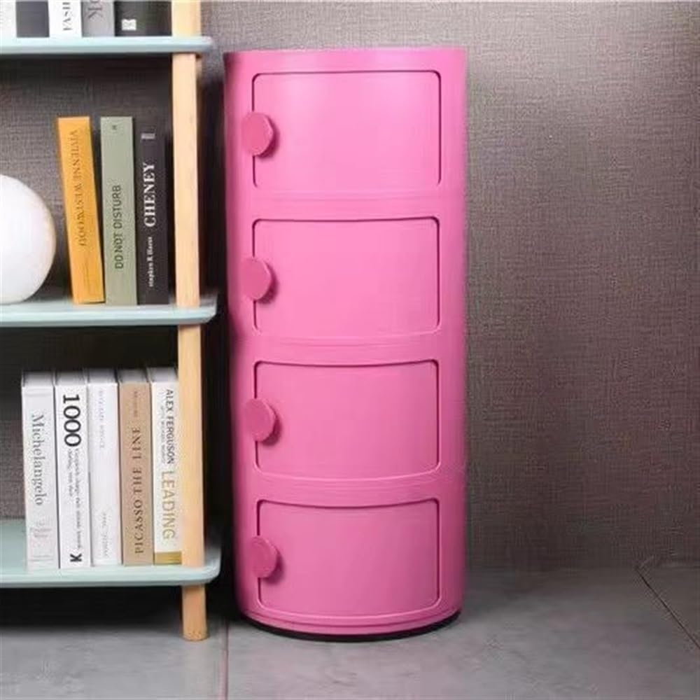 Small Bathroom Cabinet, Round with Slide Drawers, Modern End Table Side Plastic Chest for Living Room Bedroom Bathroom(Pink,4 Tiers)