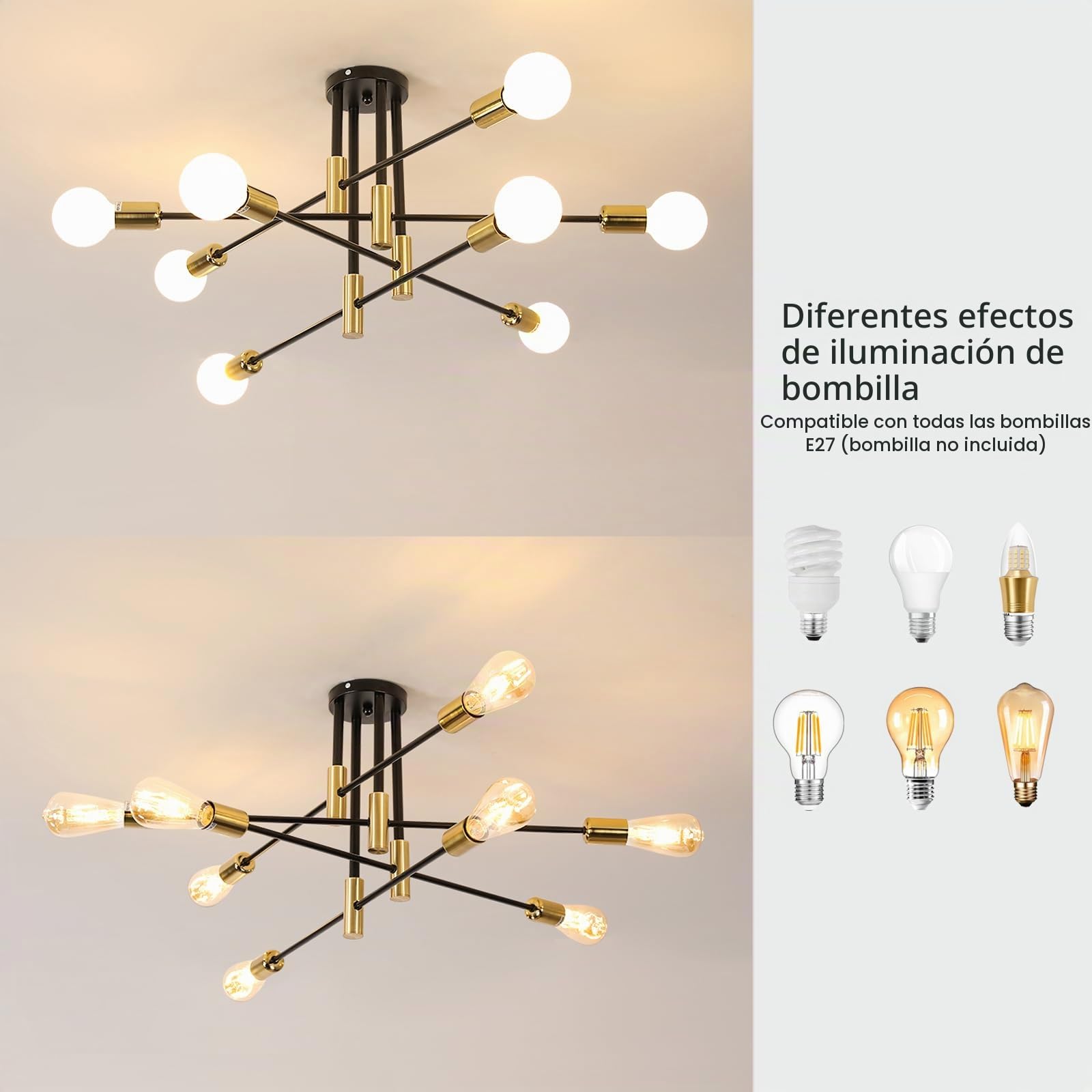 Toolight Lamparas de Techo Industrial 90CM, 8-luz Lámpara de Techo Salon e27, Lampara Techo para Comedor Dormitorio Salón Cocina, Negro y Dorado (Sin Bombilla)