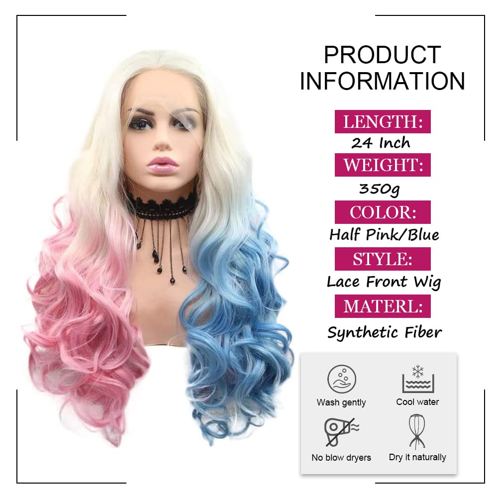 AFBeauty Pink Blue Wigs for Women ynthetic Lace Front Wig Long Wavy BlondeOmber Pink Blue Cosplay Wig Heat Resistant Fiber Glueless Wigs for Drag Queen Party - Image 3