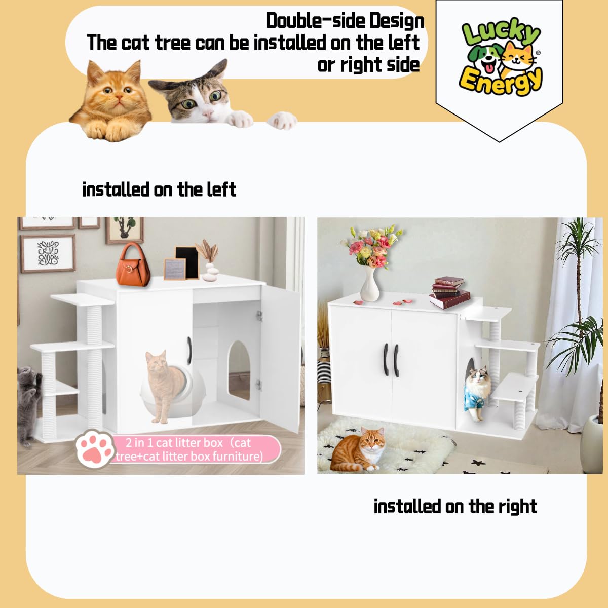 LuckyEnergy New Upgraded 2-in-1 Cat Litter Box Furniture with Cat Tree – Hidden Odor Control Enclosure for 2 Cats, Dual Entry, Ventilation, Modern TV Stand Style - image 3