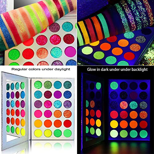 Afflano Neon Makeup Palette Eyeshadow, Glow In The Dark Neon Eyeshadow Palette Highly Pigmented, Party Uv Glow Blacklight Eye Shadow Pallet, Red Orange Pink Bright Pressed Glitter Eyes Makeup Palette #TOP5
