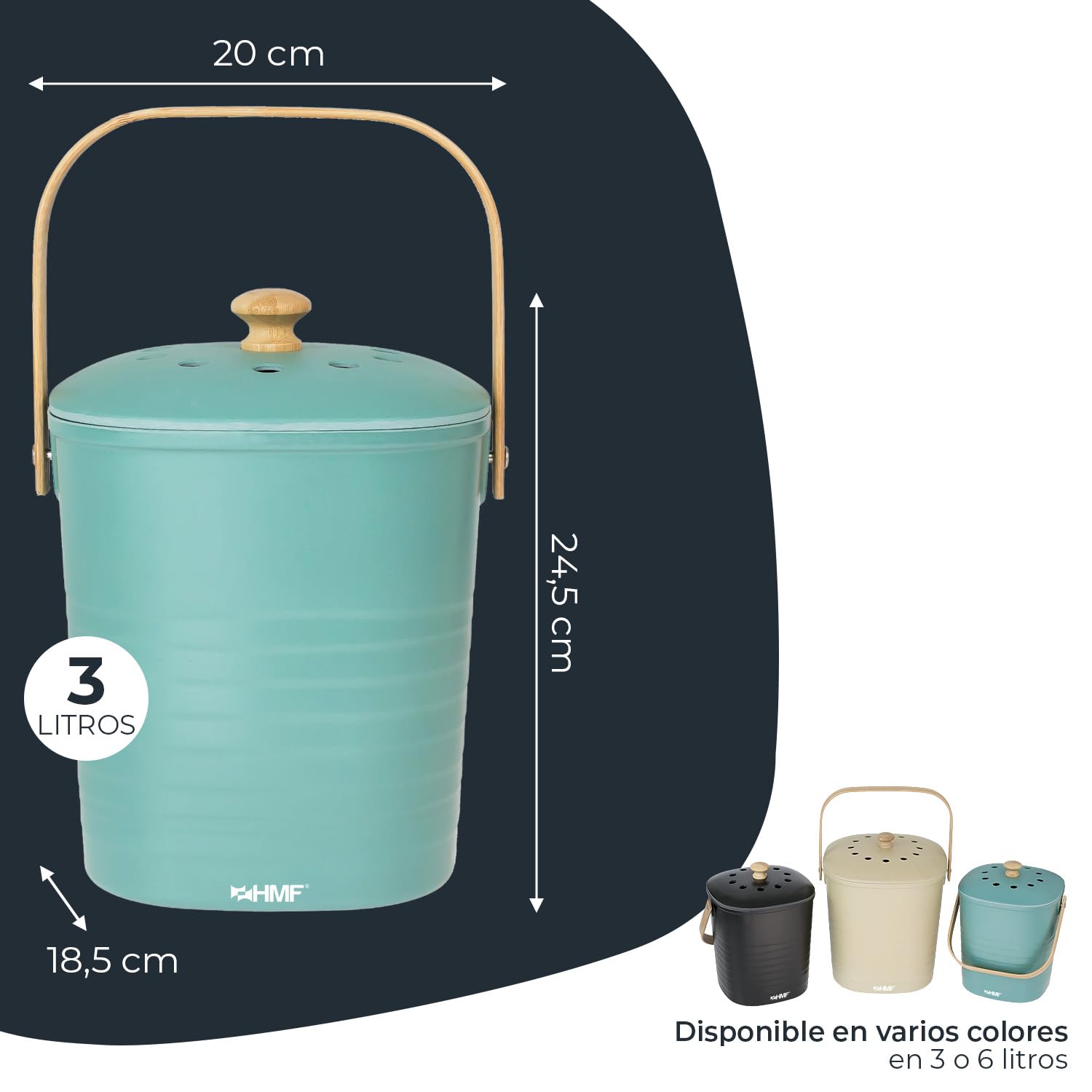 HMF Cubo de basura orgánico sostenible para cocina, a prueba de olores, con tapa, 3 litros, verde (3780-3L-06)