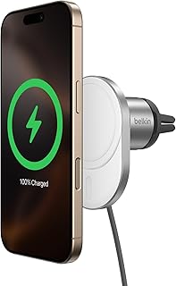 Belkin Wireless Car Charger 15W - MagSafe-Compatible Magnetic Charger - Qi2-Certified Wireless Charger, Magnetic Car Vent Phone Mount for iPhone 16, 15, 14, 13, 12, & Samsung Galaxy S25 Series - Gray
