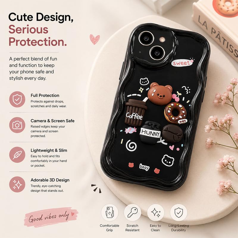 Image of ZR023 Compatible for iPhone 15 Cute Teddy Bear Design Back Cover | Soft Silicone Shockproof Protective Case | Slim Fit Stylish Camera Protection Phone Cover - Black