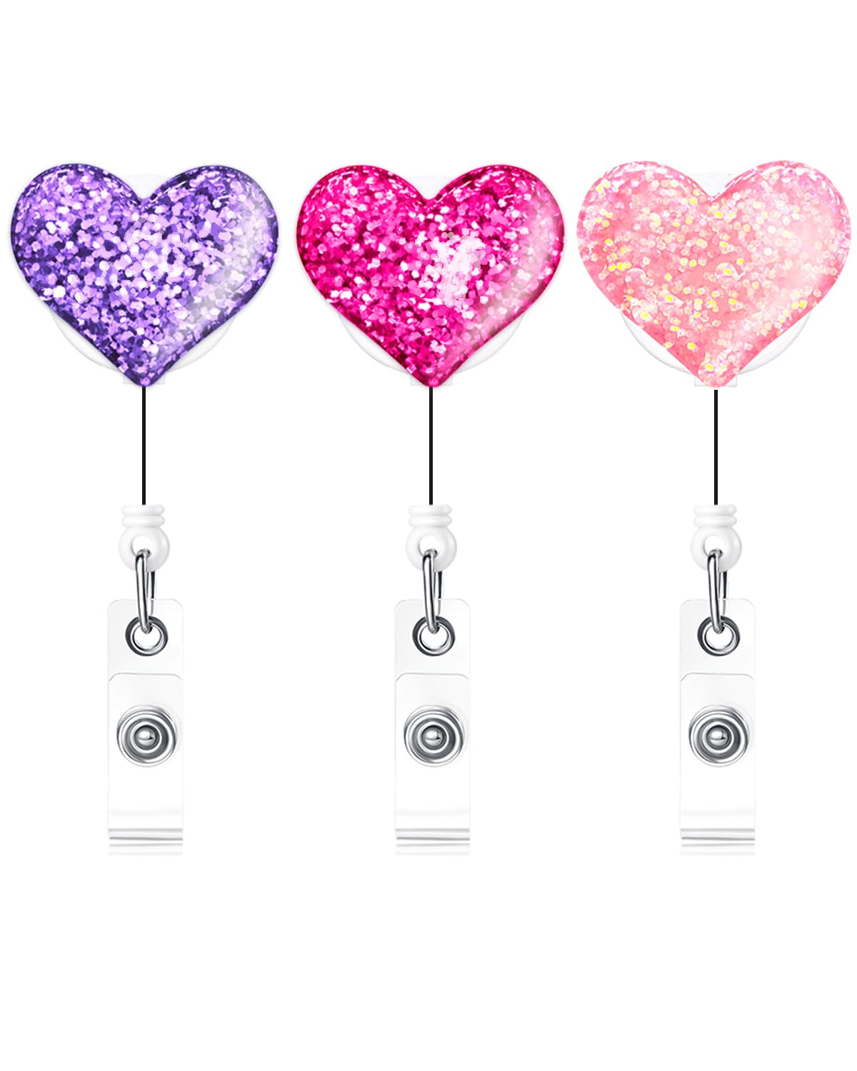 Qinsuee 3 Pack Bling Bling Love Heart Women Nurse ID Badge Holder, RN Badge Reels Retractable with Belt Clip