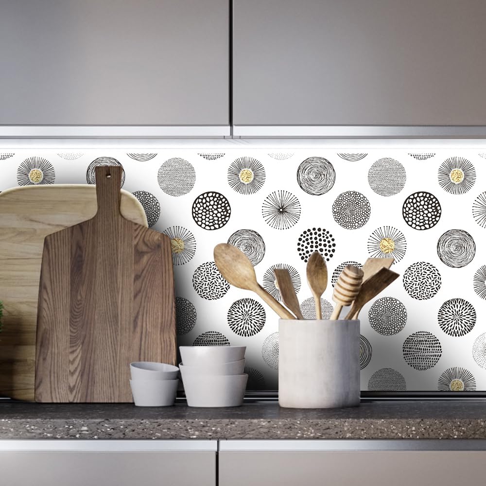 Peel and Stick Wallpaper,17.71" x 236.2"Black/White Wallpaper Waterproofing Wall Paper for Home Bedroom Cabinets and Kitchen Deco
