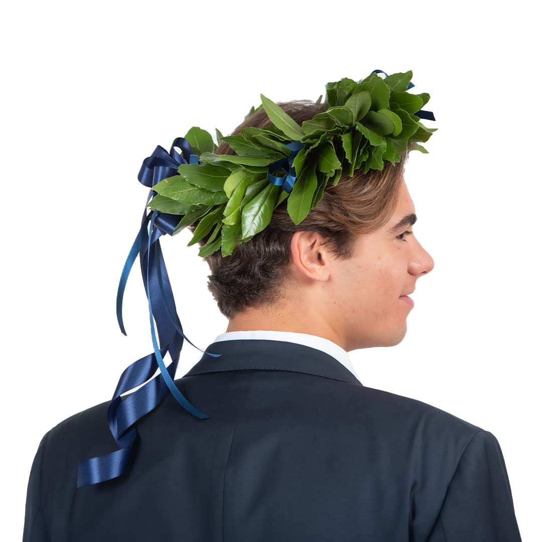Corona di alloro fresca Royal fatta a mano in Italia | Corona lauream con foglie naturali e fiocco in raso | Tradizionale corona d’alloro per cerimonia laurea e festeggiamenti | Royal blù