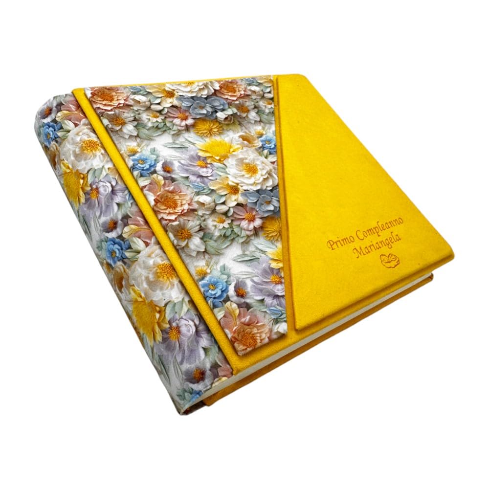 Album Fotografico Artigianale in Tessuto stampato 3D e Alcantara, Personalizzabile con Incisione, classico con velina,Matrimonio,Compleanno,Wedding,Anniversario,Comunione,eventi (Giallo/Giallo)