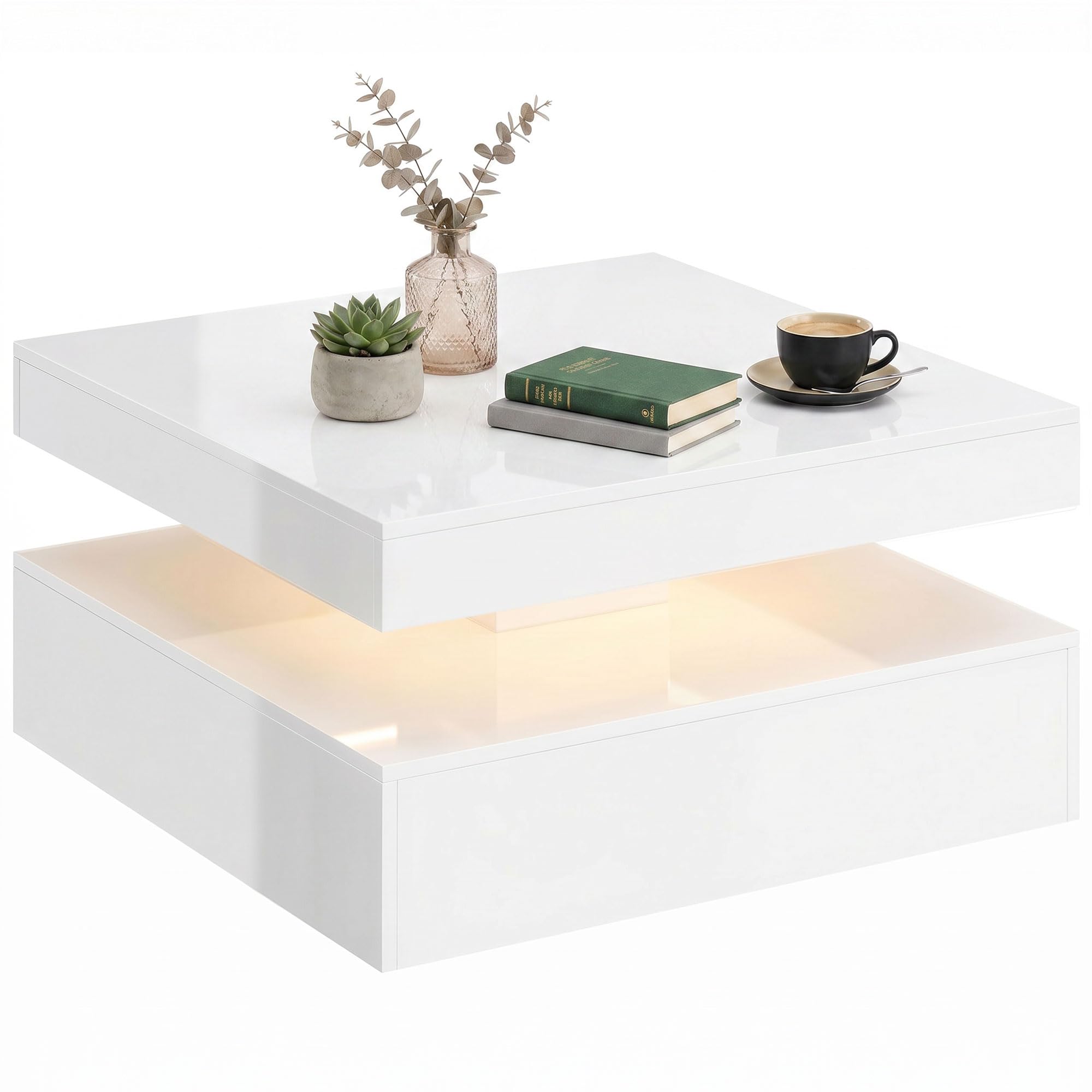 HOMCOM Mesa de Centro con LED RGB de 7 Colores 78x78x40 cm Blanco | Mesa de Café para Salón, Alto Brillo, con Mando a Distancia, Almacenamiento Abierto, Comedor, Oficina