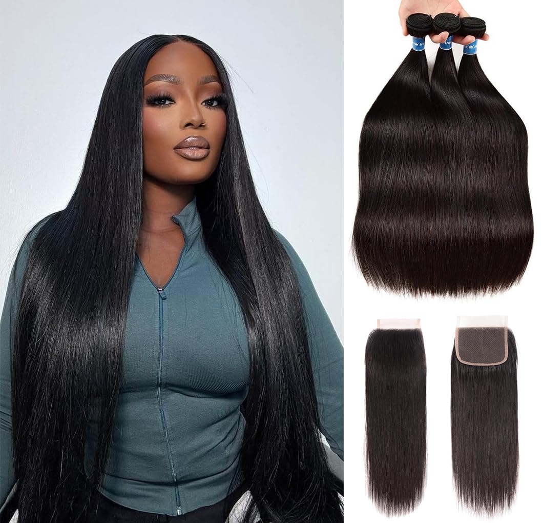 Straight Bundles Human Hair with 4X4 Lace Closure 20 22 24 with 18 Inch 100% Unprocessed Virgin Human Hair Bundles with Swiss Lace Closure Free Part Natural Color