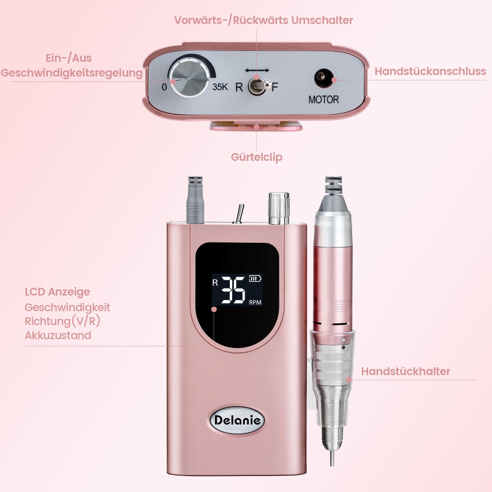 Elektrische Nagelfräser 35000 U/min, Delanie Wiederaufladbare Fräser für gelnägel Nagellack, Maniküre set Elektrische Nagelfeile mit Nagel bits, Einstellbare Geschwindigkeit und Richtung -rosagold