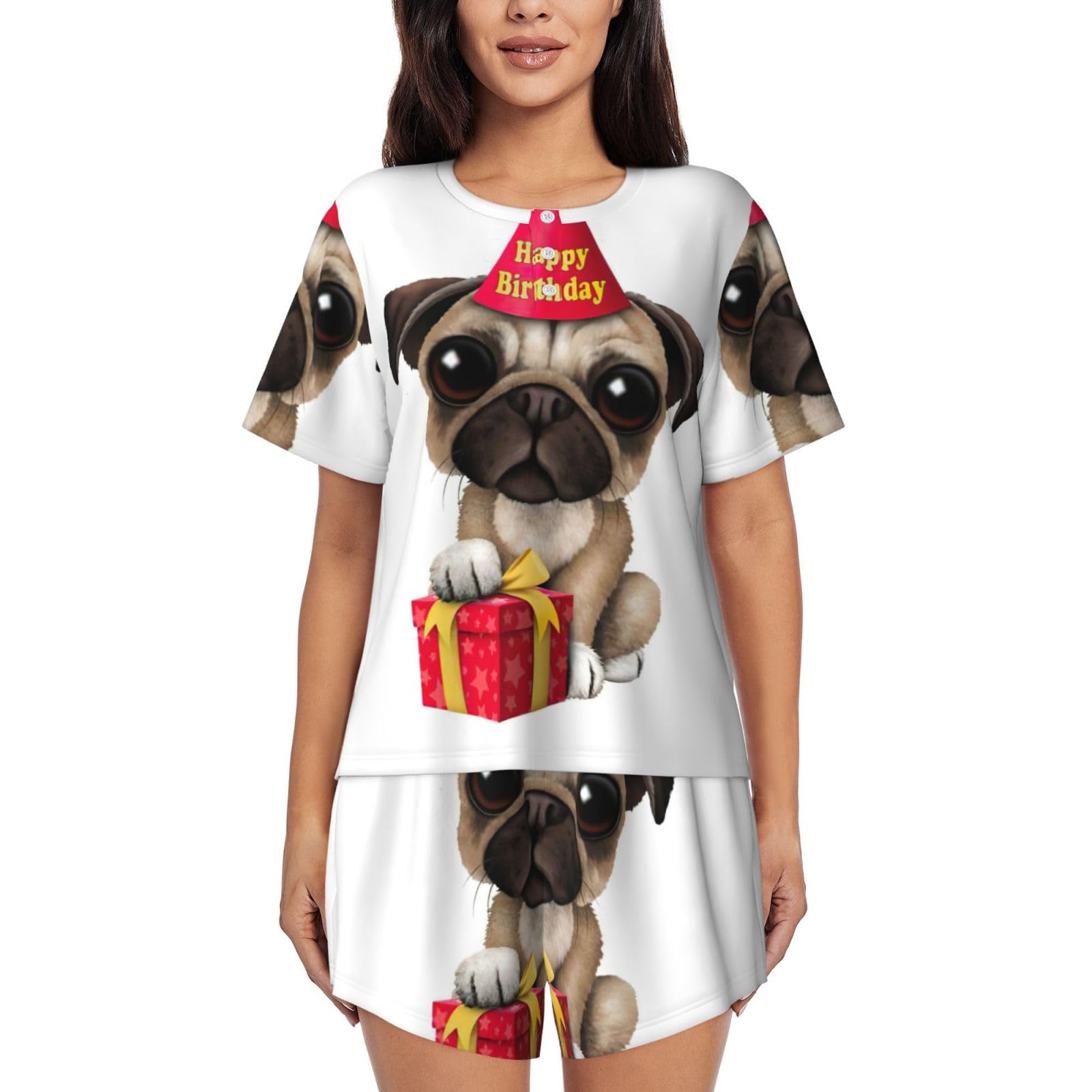 Edwal Women's Black Cute Happy Birthday Pug Puppy Print Pajama Sets Lounge Wear Set Soft Loungewear Short-Sleeved Pjs And Shorts
