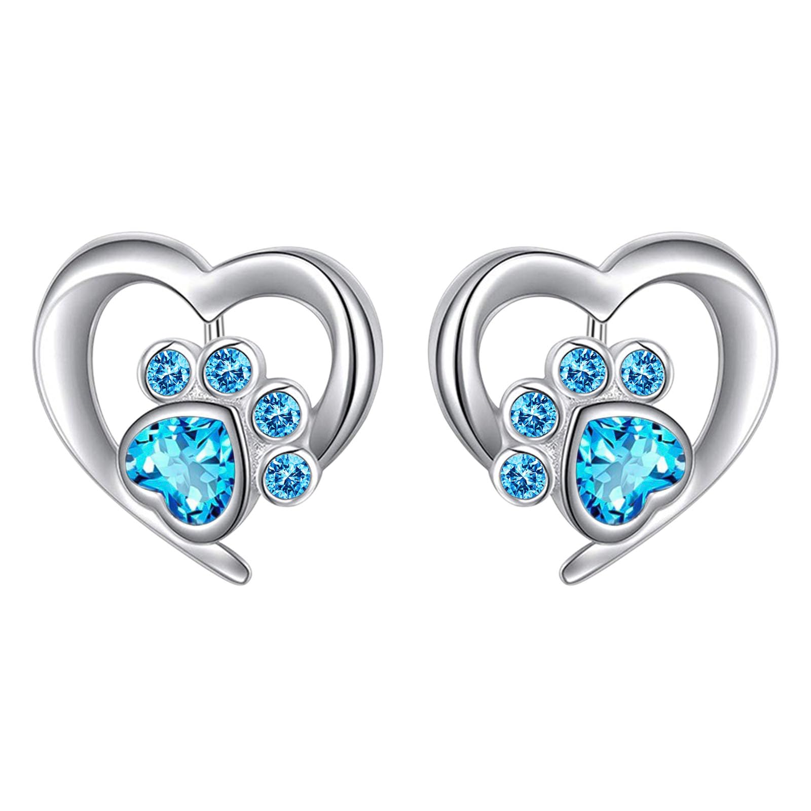 jagosenSterling Silver Stud Earrings For Women Girls Hypoallergenic Cubic Zirconia Heart Cat Dog Paws Earrings Blue Pet Cat Dog Lovers Gifts