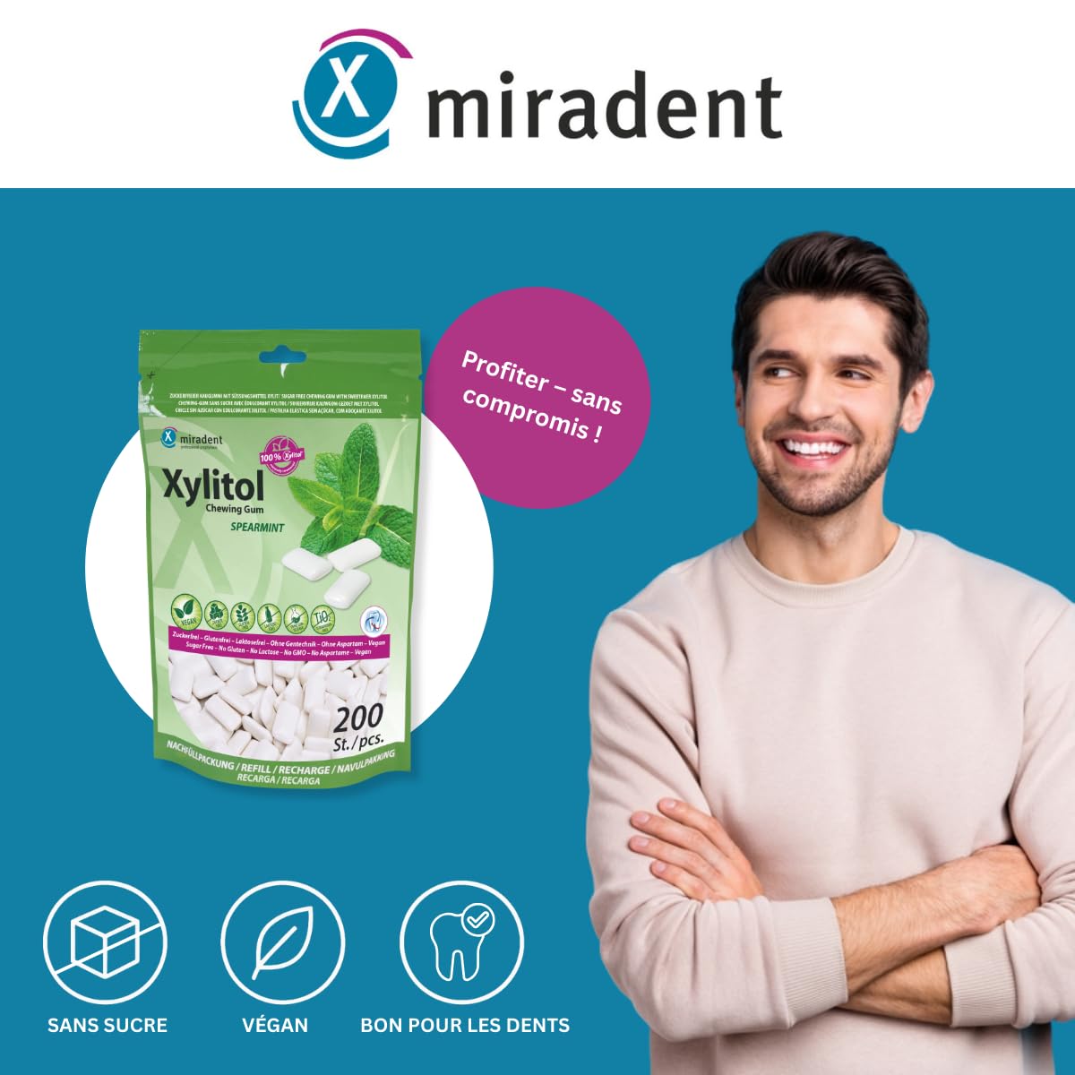 Miradent Chewing-gum dentaire au xylitol Pack économique 200 pcs goût Spearmint sans sucre vegan