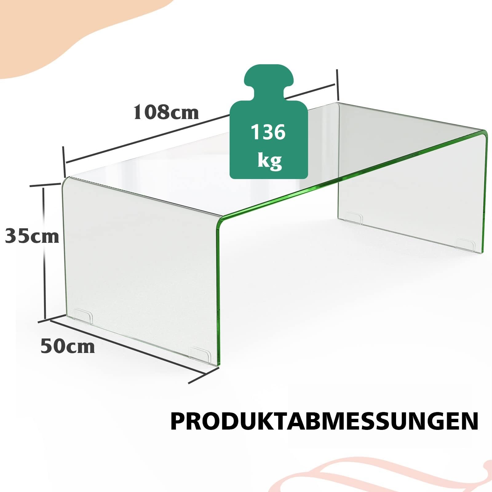 COSTWAY Couchtisch aus gehärtetem Glas, U-förmiger Beistelltisch, Moderner Glastisch, Wohnzimmertisch Kaffeetisch, für Wohnzimmer Büro Hotel, 136kg Belastbar,108 x 50 x 35 cm