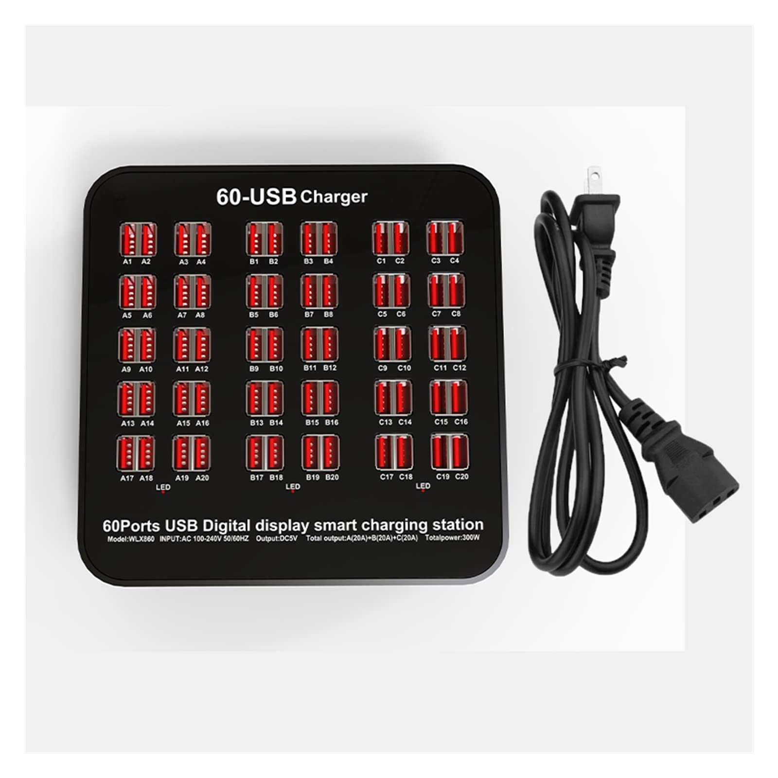 Smart 60 Puertos USB Hub Estación de Carga Toma Corriente Multi Puerto Velocidad Cargador Pared Muelle Adaptador Oficina en casa Diseño portátil(15 Port USB)