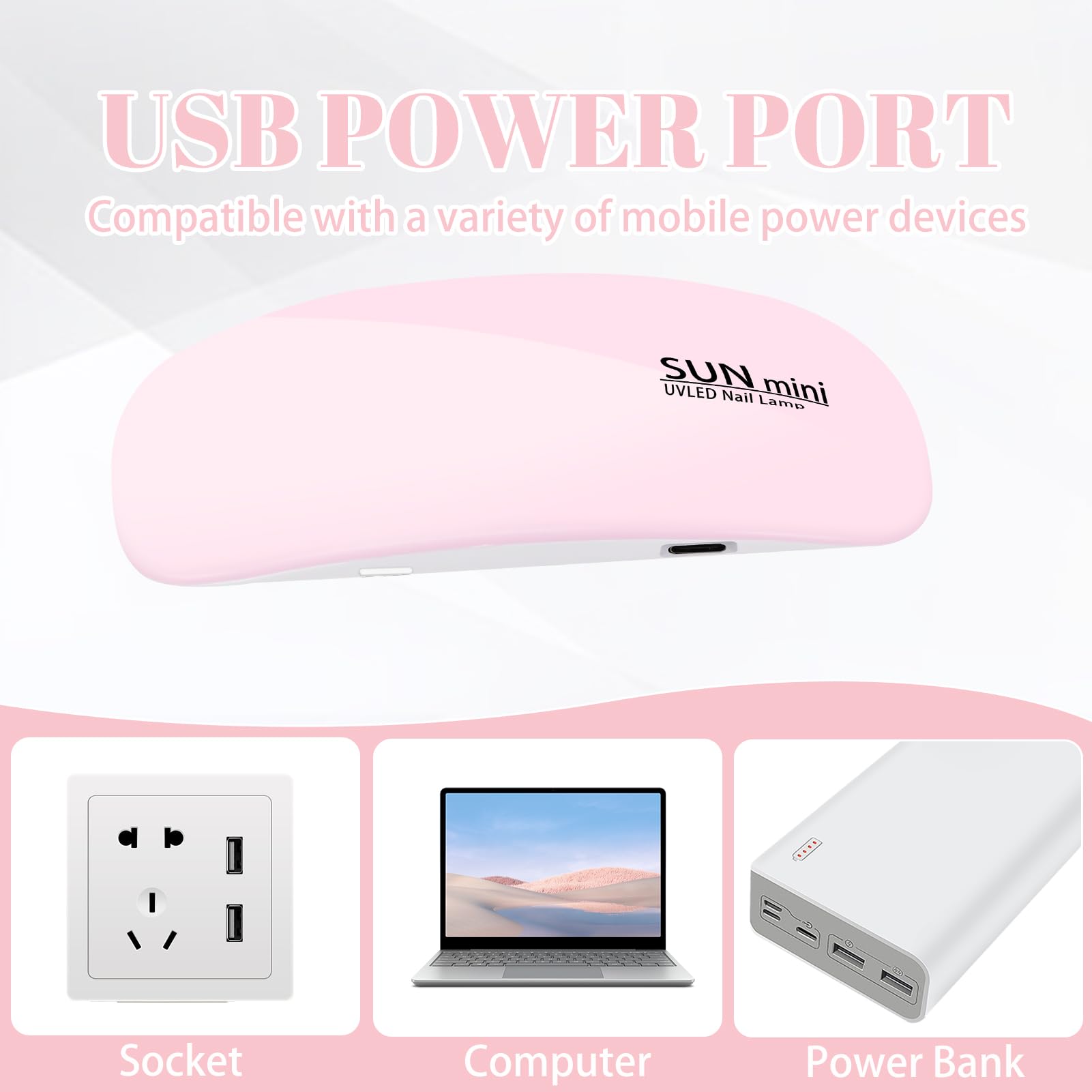 Pavlleen Mini Lampada UV LED per Unghie, Asciuga Unghie con Cavo USB, Petit Asciuga Gel Portatile Pieghevole con Timer da 60 e 120 Secondi per Salone per Unghie, Casa, Viaggi (Rosa)