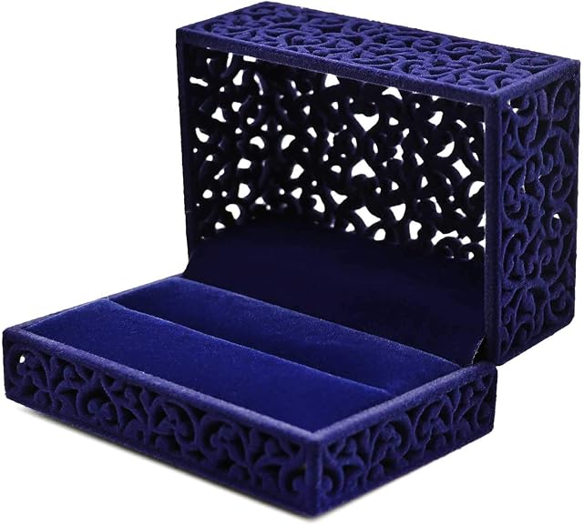 Ring Box, Hollow Square Velvet Couple Double Rings Gift Box Wedding Ring Jewelry Box for Proposal Engagement, Royal Blue