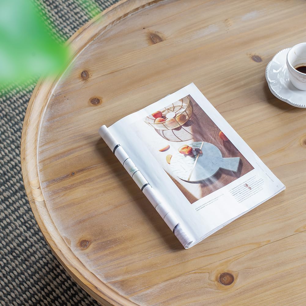 29.7'' Wood Round Coffee Table with Rattan Storage Shelf Farmhouse French Country Rustic 2-Tier Circle Coffee Table Center Table Tea Table for Living Room Apartment Office Natural Wood