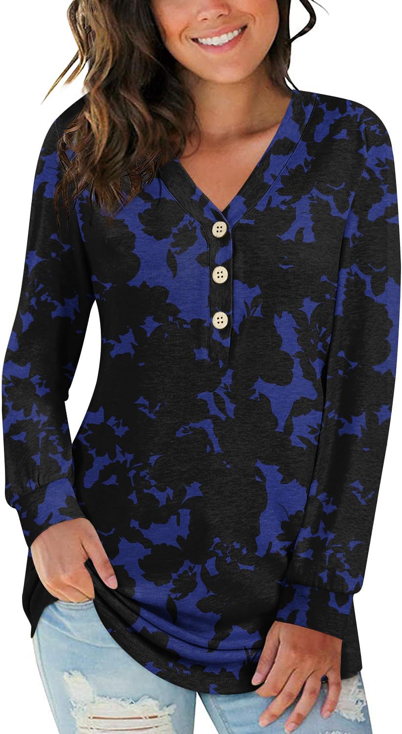 BISHUIGE Womens Long Sleeve Henley Tunic Tops Button T-Shirts V-Neck Casual Sweatshirt