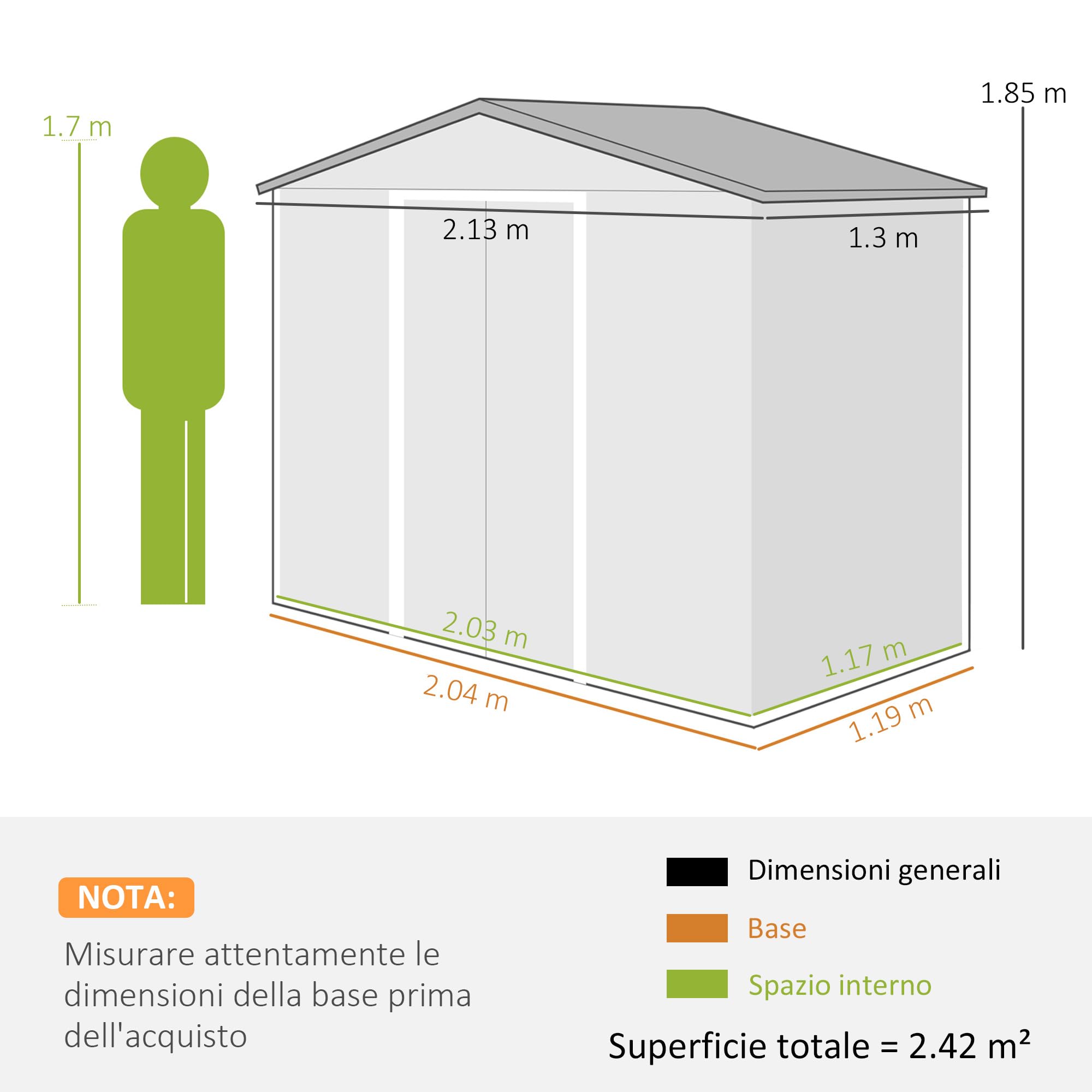 Outsunny Casetta da Giardino 2.42m² in Acciaio Zincato con Prese d'Aria e Kit Fondazione, Capanno da Giardino con Lucernario, Doppia Porta Scorrevole Bloccabile, Tetto Inclinato, Grigio Scuro