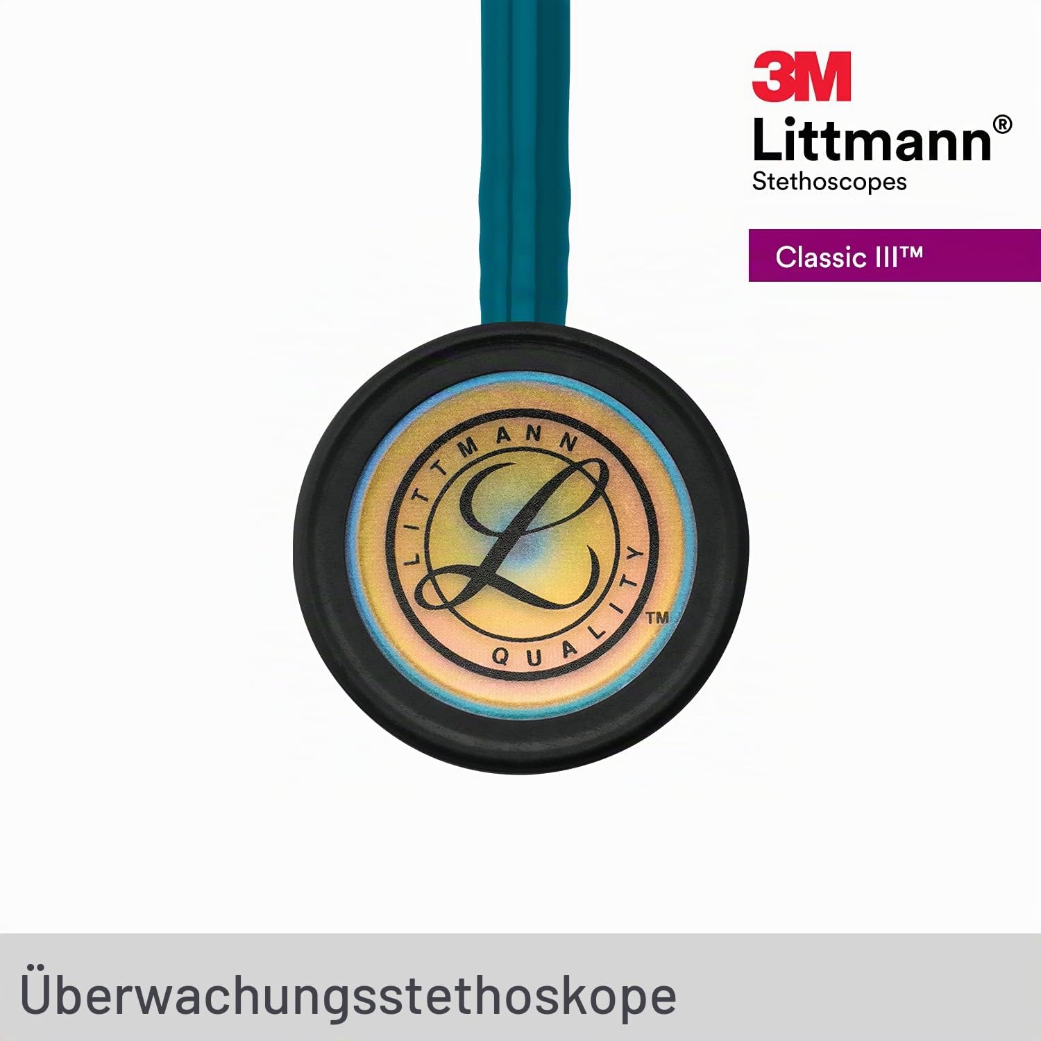 3M Littmann Classic III Stethoskop zur Überwachung, regenbogenfarbenes Bruststück, karibikblauer Schlauch, 69 cm, 5807 & 3M Littmann Stethoskop-Namensschild, Schwarz, 40007