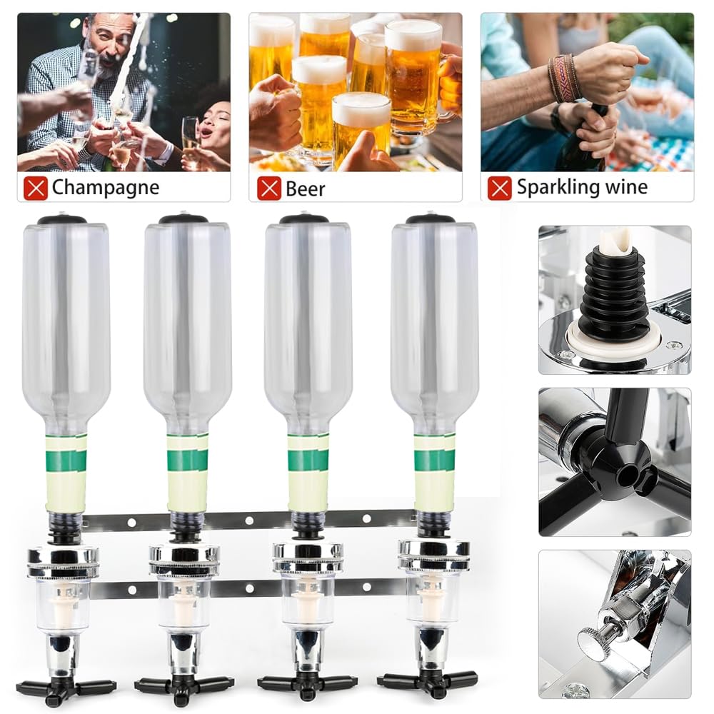 HUOLE dosificador de botellas, de pared, para 4 botellas, accesorio de bar, plateado, pie de pie de dosificador de bebidas de pared, adecuado para amantes de la familia, del bar y del barman de 4