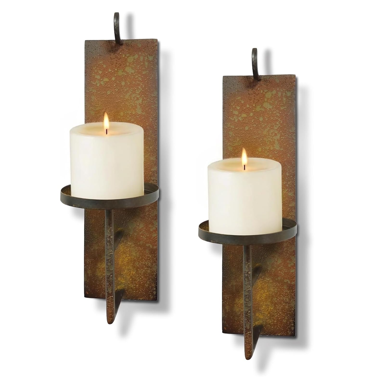 Set of 2 Vintage Wall Candle Sconce, Distressed Iron Metal, 15.6 x 3.9 inches, Rustic Farmhouse Style