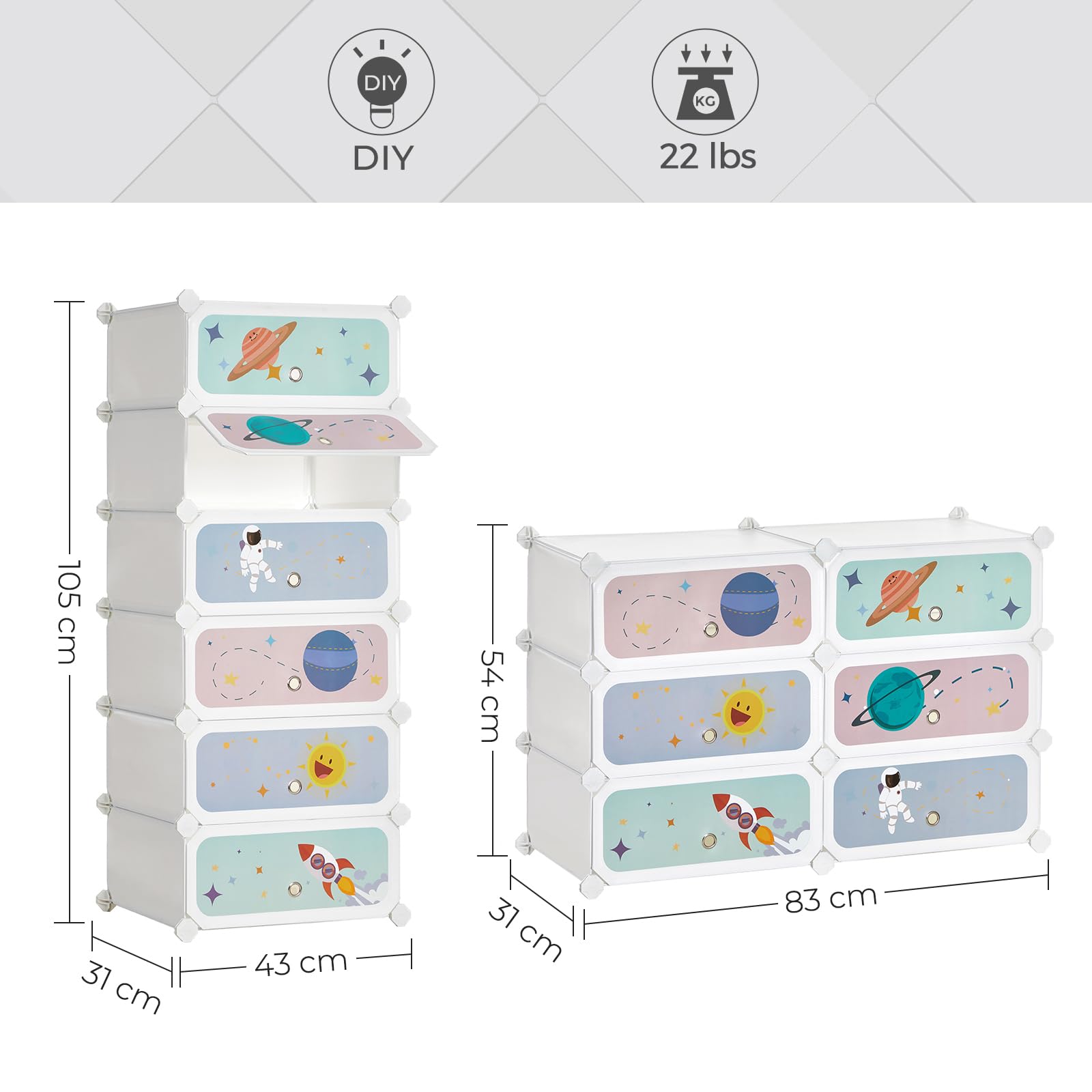 SONGMICS Scarpiera a 6 Scomparti per Bambini, Organizzatore Modulare ad Incastro in Plastica per Bambini, Guardaroba con Ante, 31 x 43 x 105 cm, Bianco Nuvola LPC904W01