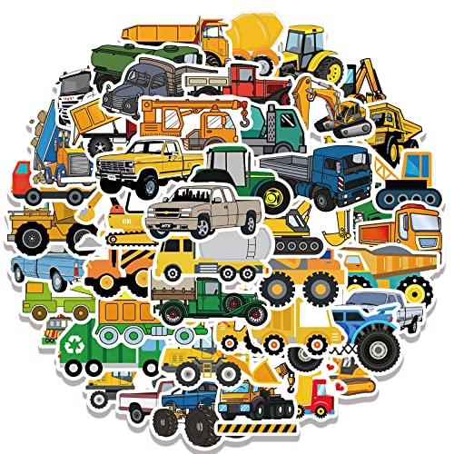 50 Pcs Construction Vehicle Stickers for Kids Trucks Diggers Cranes Bulldozers Sticker Set Waterproof Vinyl Decals for Water Bottle Laptop Lunch Box Toy Box - Educational Toddler Boy Gift (Truck)