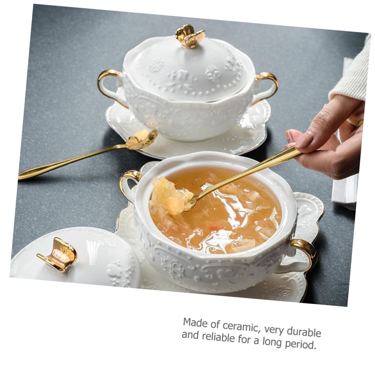 Cuenco de Cerámica Blanco de 3 Piezas con Tapa y Cuchara