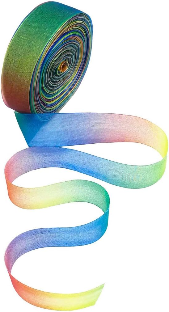 Organza Ribbon, 50Yards 25mm Shimmer Sheer Satin Ribbons for Gift Wrapping, Rainbow Colour