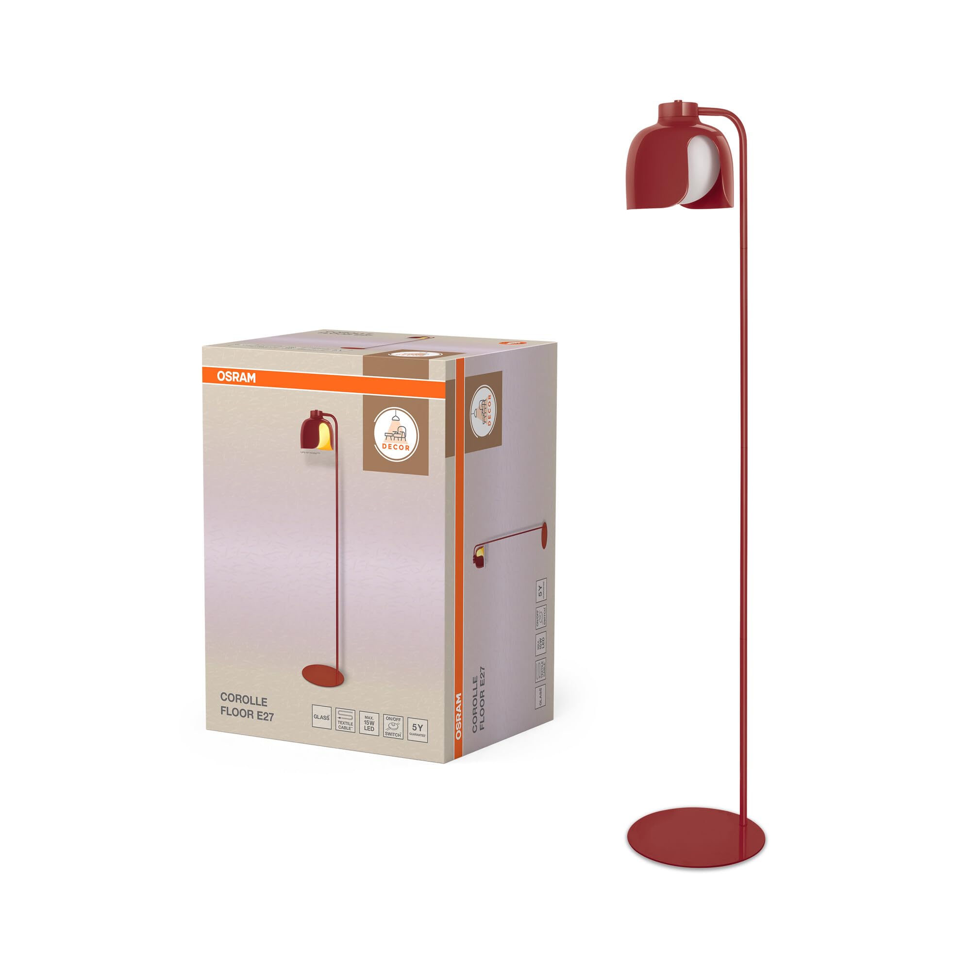 OSRAM Lampada da terra DECOR Corolle, vetro in metallo rosso, versione E27, cavo in tessuto, stile retrò, diametro 270mm