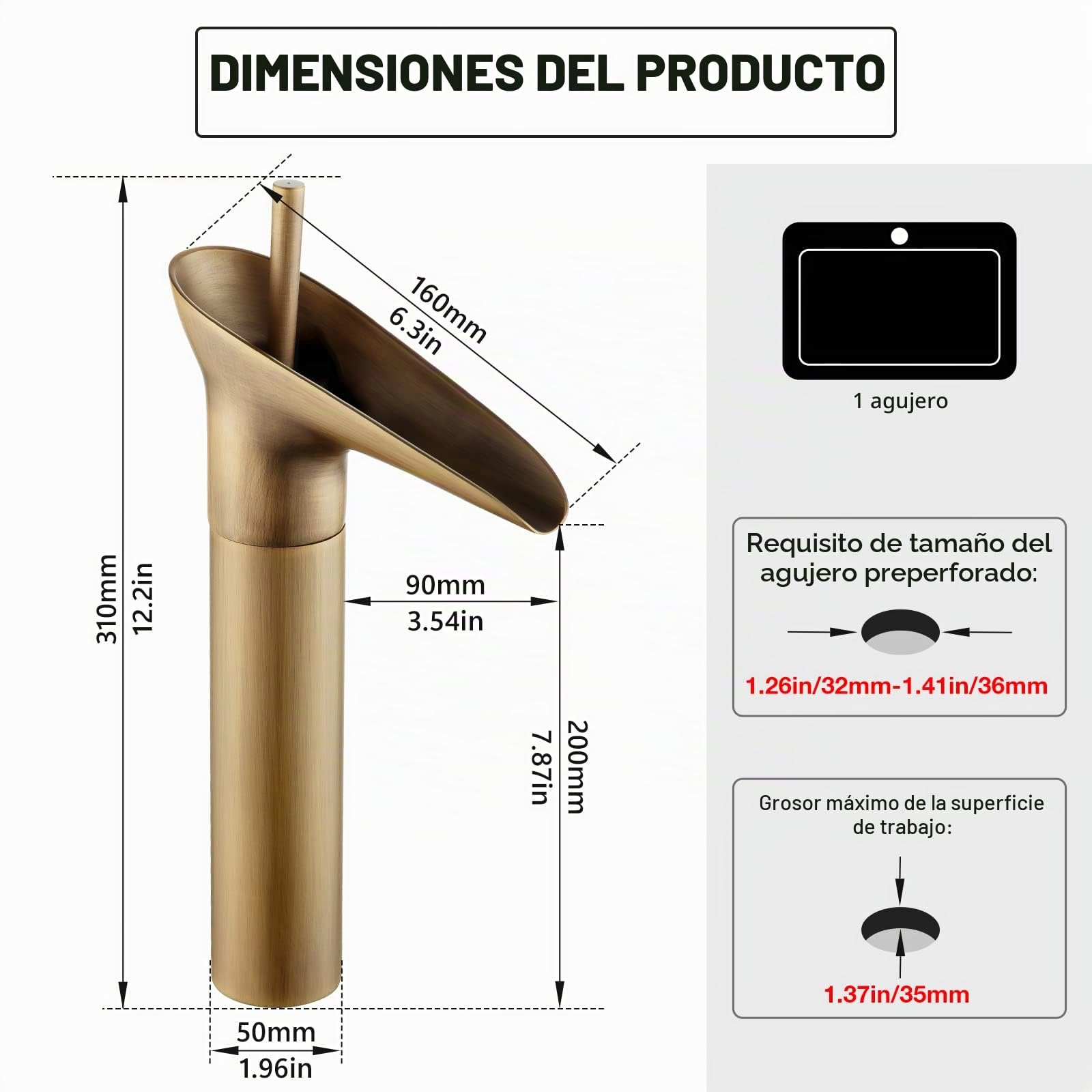 Grifo de Baño Mezclador Monomando de Latón Antiguo, Caño Alto para Lavabo