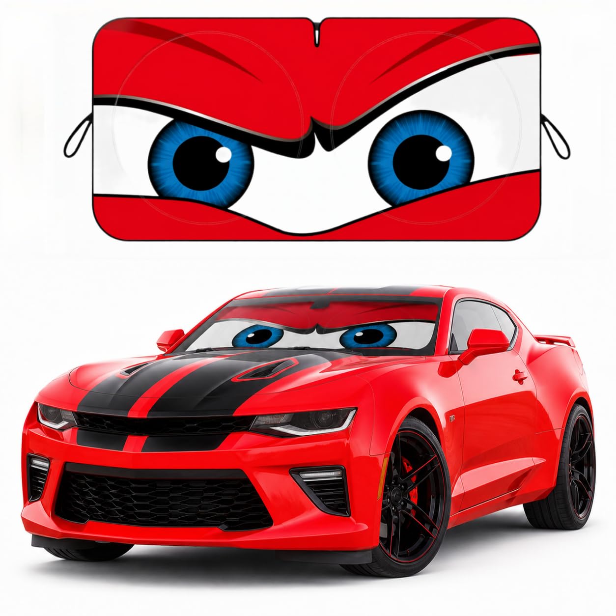 Car Windshield Sun Shade, Car Sun Shade Funny Car Eyes Sun Visor for Car Windshield ，Wear-Resistant Black Tape ，Foldable 59‘’x27.5‘’/63''x31.5''