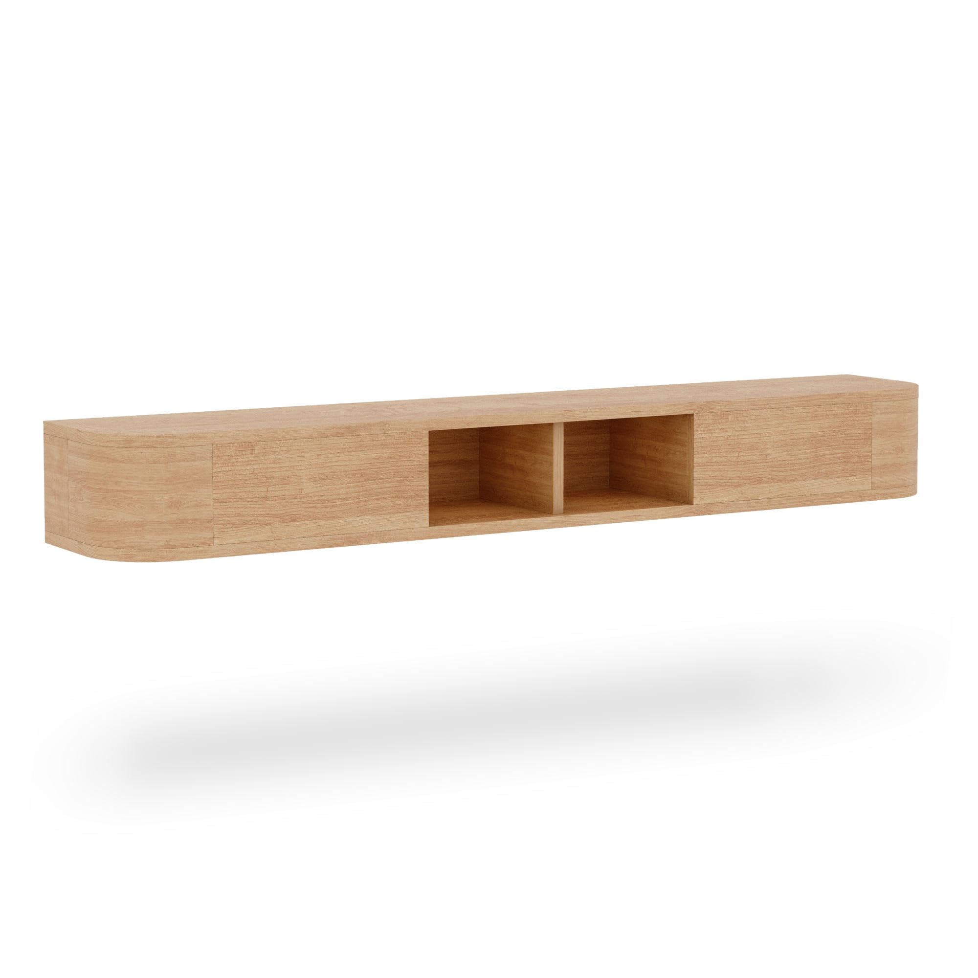 Schwebendes TV-Regal, 160 cm Wandmontiertes TV-Board mit Stauraum & Abgerundeten Ecken, Hängendes Medienboard mit Türen für Schlafzimmer und Wohnzimmer (Naturholzfarbe)