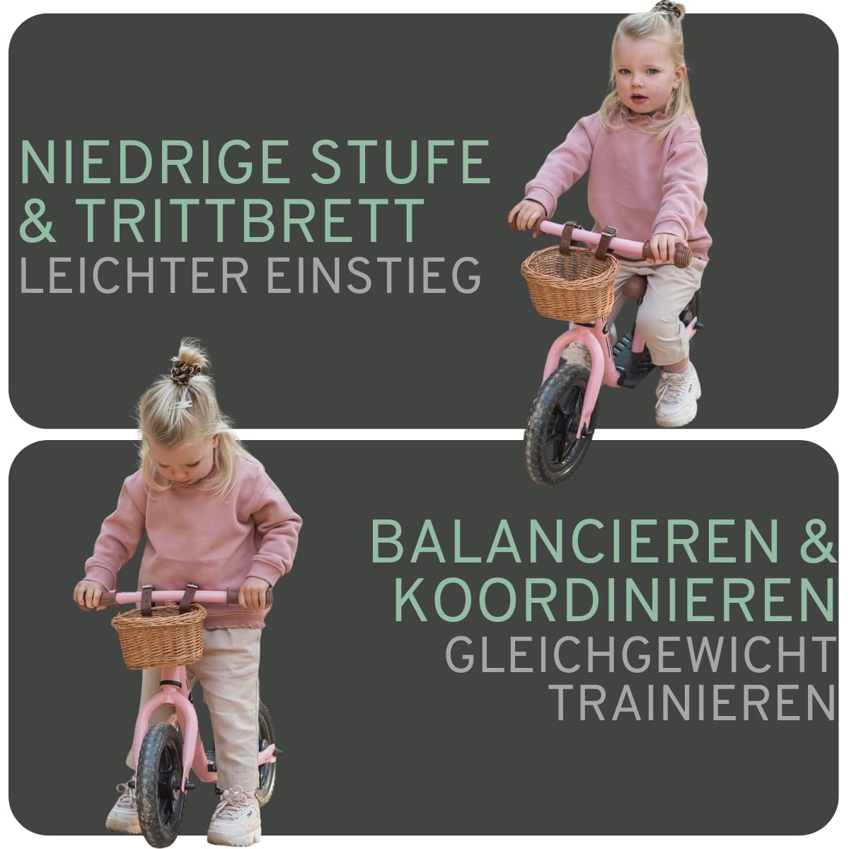 Bandits & Angels Laufrad aus Metall mit Weidenkorb ab 2 Jahren – Lauflernrad – Verstellbarer Sattel 29 bis 39 cm – für Jungen und Mädchen – niedriger Einstieg mit Trittbrett