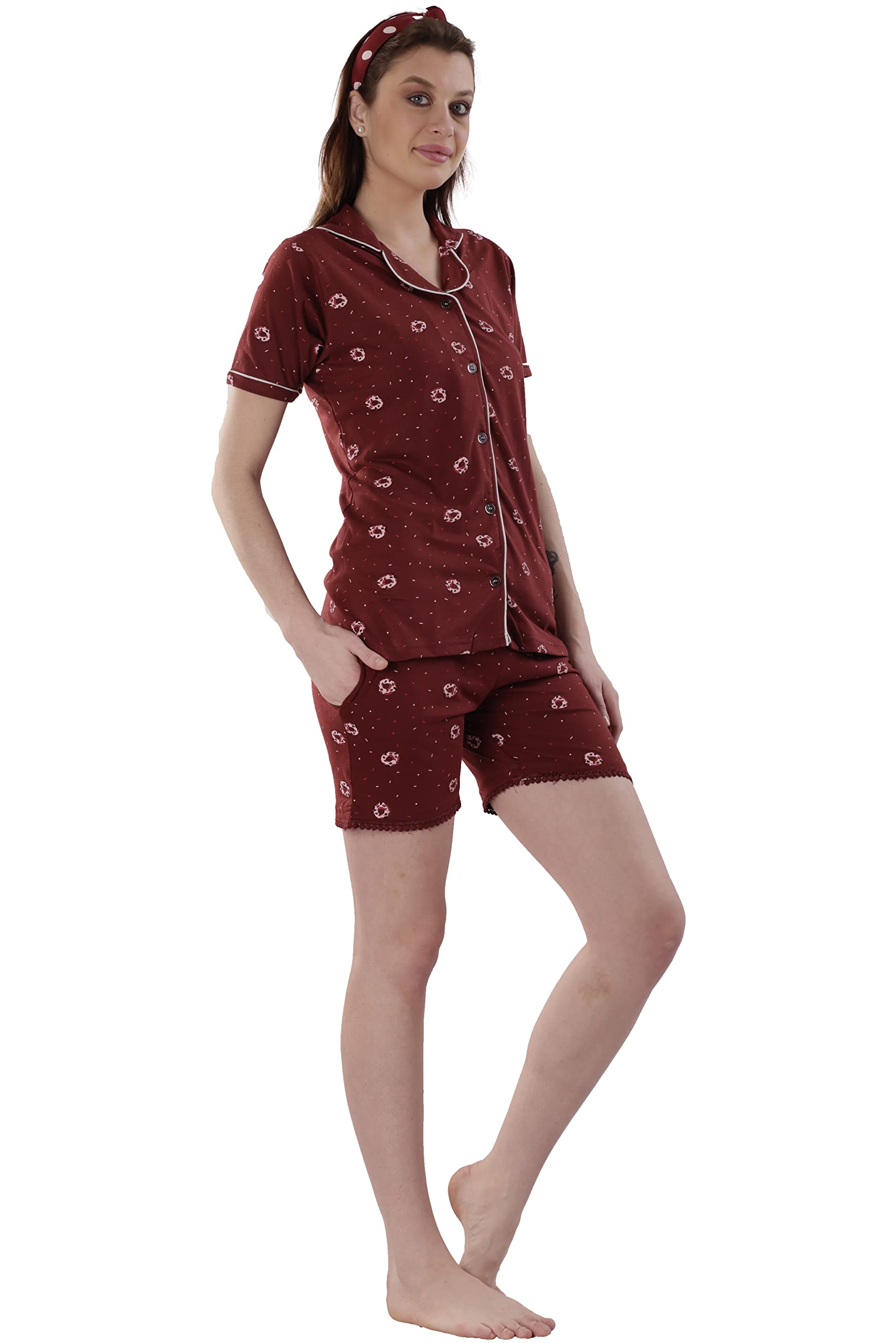 PC OSWAL Women's Cotton Printed Night Suit Set of Shirt & Boxer